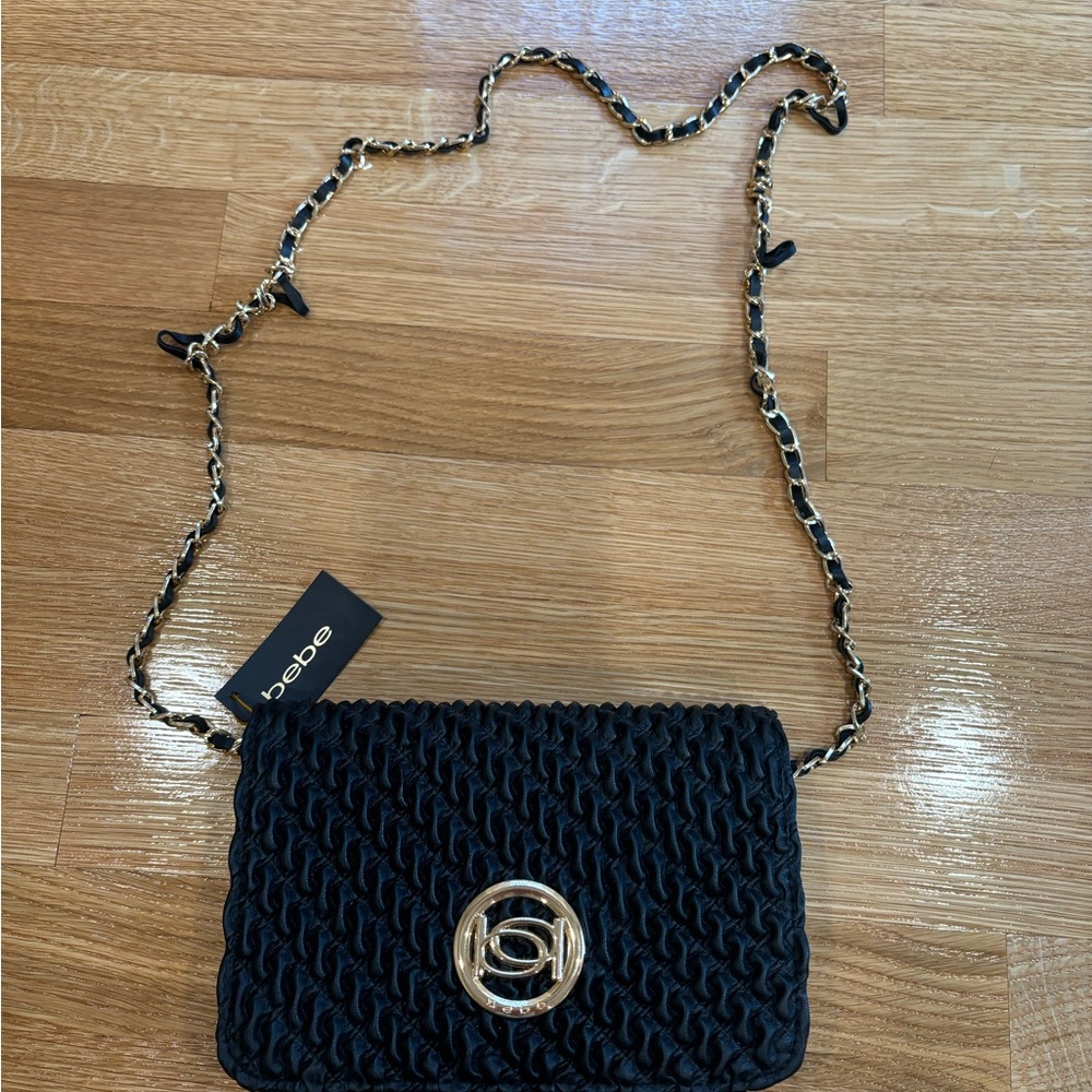 Bebe Black Textured Crossbody Bag with Gold Accents
